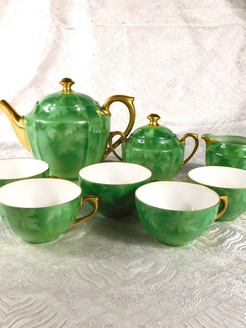 Green Pickard Teapot with Sugar Bowl, Creamer and Five Cups # 27424
